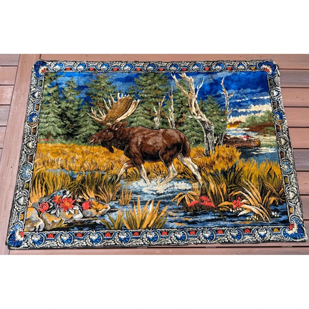 Vintage  Moose Tapestry Wall Hanging Scenic Wildlife Cabin Lodge Deco 68x47